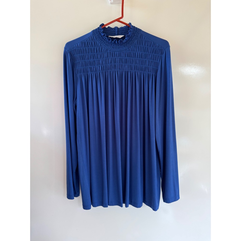 Susan Graver Liquid Knit Smocked Mock Neck Blouse Royal Blue Long Sleeve Top L